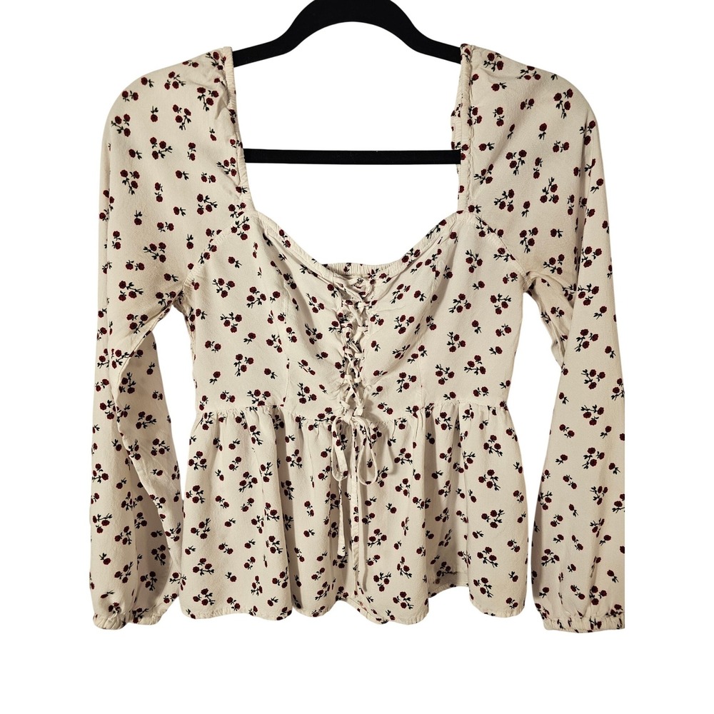 Aeropostale Women Floral Lace Up Peplum Smock Puff Sleeve Babydoll Med